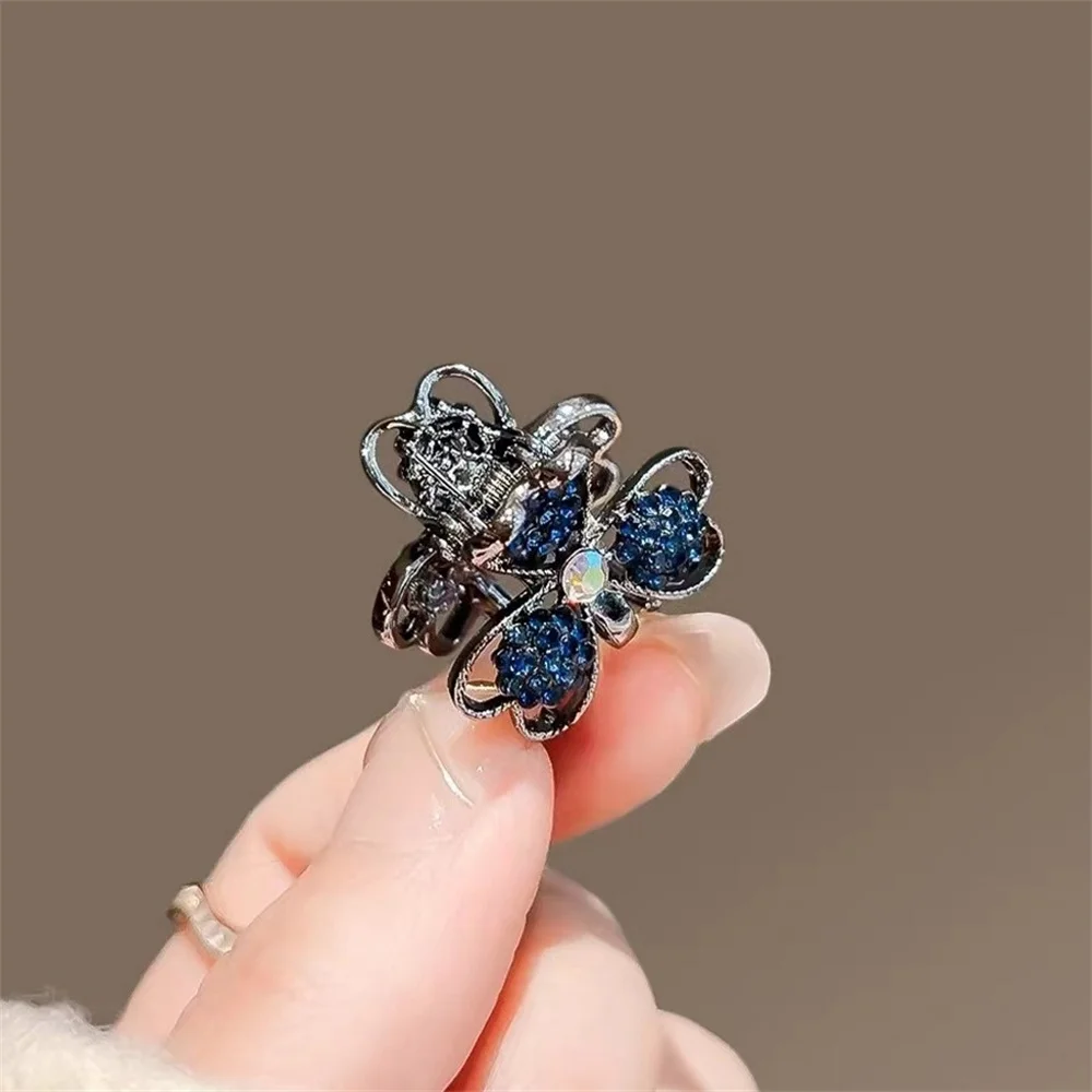 Blue Rhinestone Clover Mini Hair Clip Silver Alloy Small Claw For Bangs Side Hair Girls Lucky Charm Accessories Gift