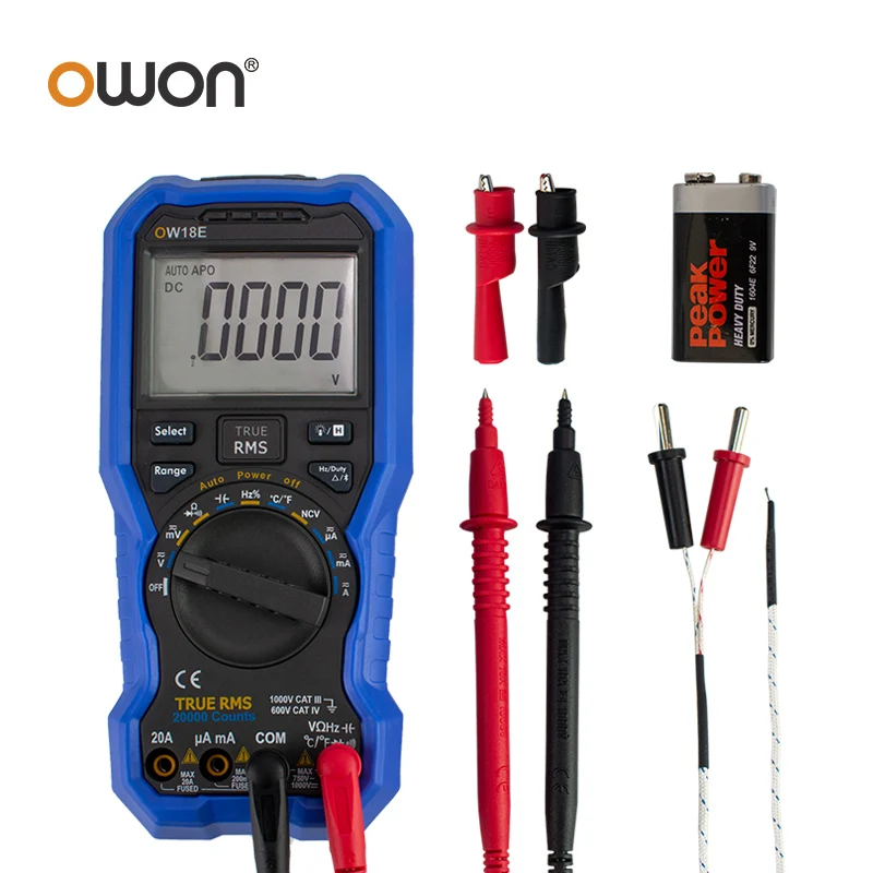 Multimètre numérique portable OWON OW18D OW18E 4 1/2 chiffres, test True RMS, 20000 points de lecture, fonction lampe torche