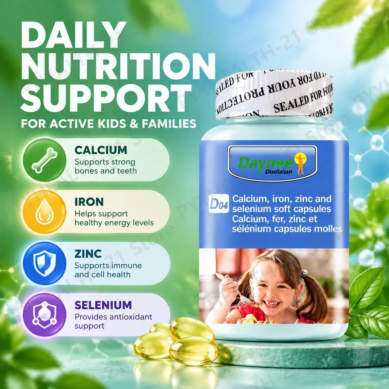 Kids Softgels Supports Growth Development Bone Immune Health Energy Calcium Iron Zinc Selenium 100 Tablets Non-GMO for Kids