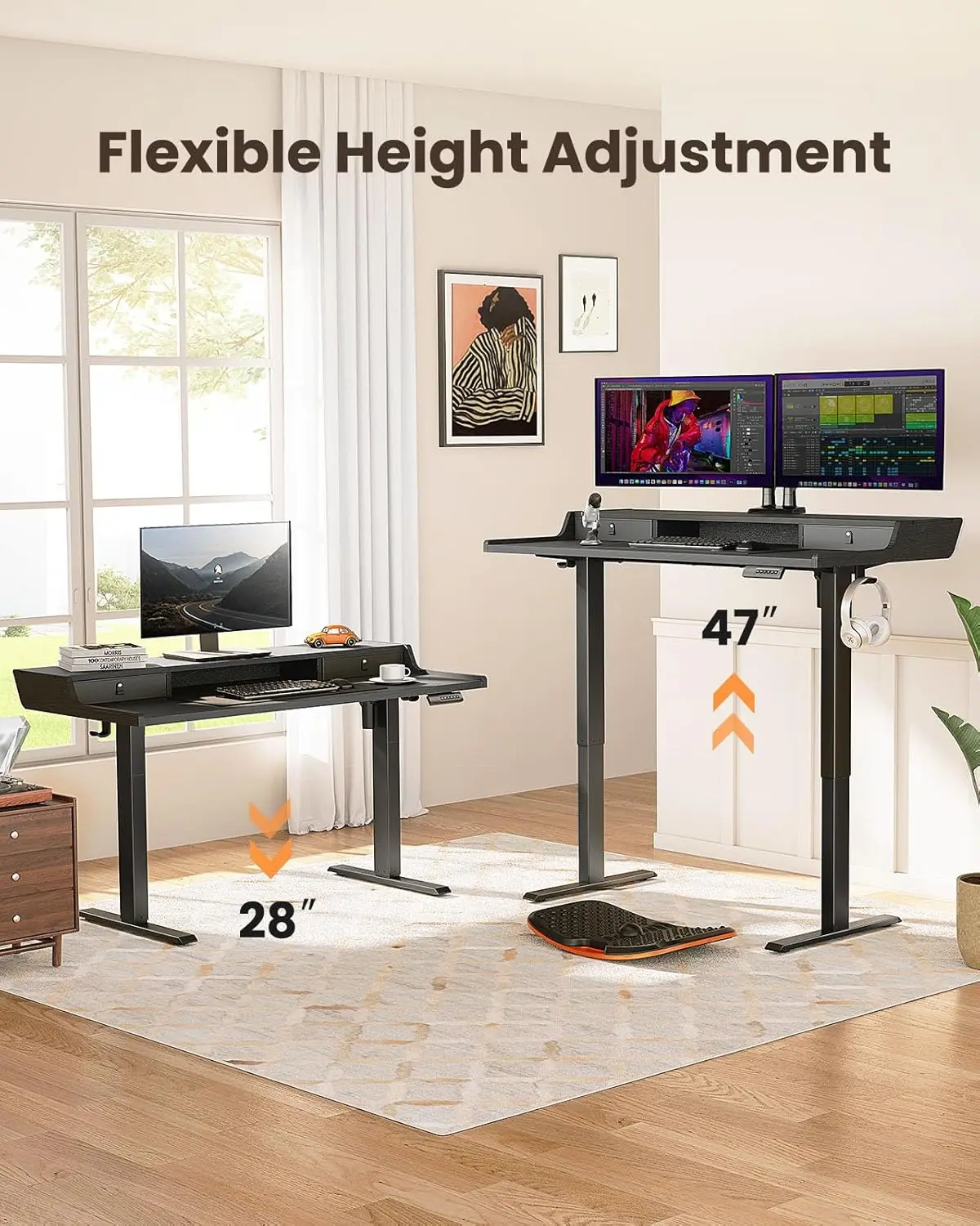 Electric Standing Desk with Drawers,Gaming Desk with Monitor Stand,Home Office Height-Adjustable Desk with Storage Shelf