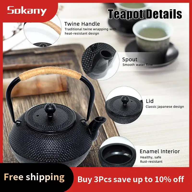 

A59E-Cast Iron Tea Pot - Twine Handle Teapot Kettle With Infuser And Enameled Interior For Stove Top, 1.2L/40 Oz