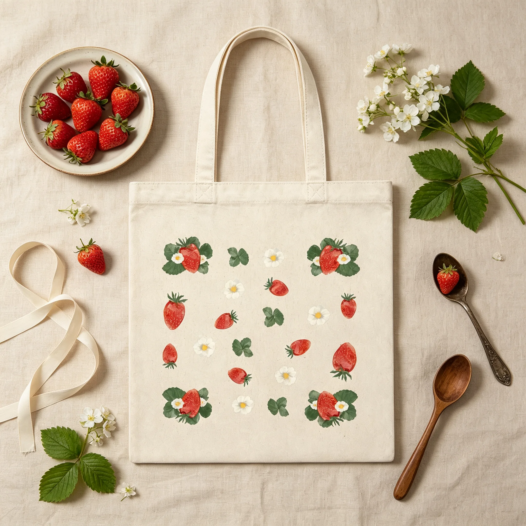 Aesthetic Strawberry Print Tote Bag Cottagecore Fruit Flower Reusable Cotton Shopping Bag for Garden Lovers