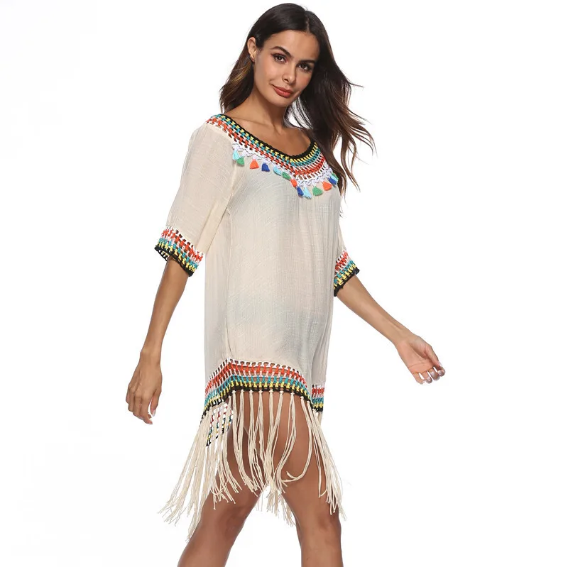 

Hot Selling Hollow Sun Protection For Vacation Style New Rainbow Color Fringe V-Neck Hook Beach Cover Up