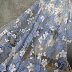Light Blue Flat Embroidery Embroidered Fabric Embroidery Lace Mesh Fabric Custom women's Dress Fabric Girl Gauze Skirt Material