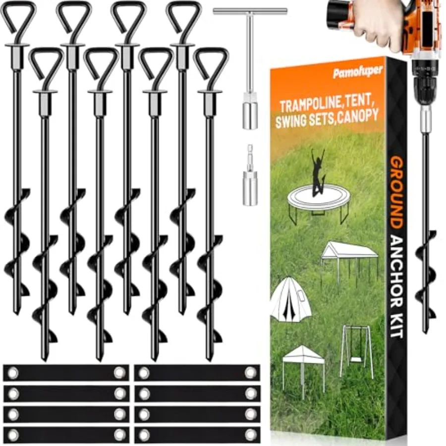 

Trampoline Stakes Ground Anchors Screw in Tent Stakes Heavy Duty for High Winds Trampoline Anchors with Straps Canopies Carport