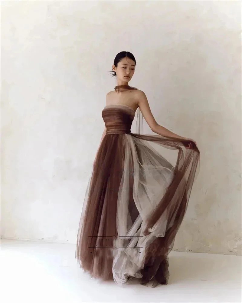 ML Contrast Color Korea A Line Evening Dresses Strapless Pleat Tulle Brown Wedding Party Dress Formal Photos Shoot Customized