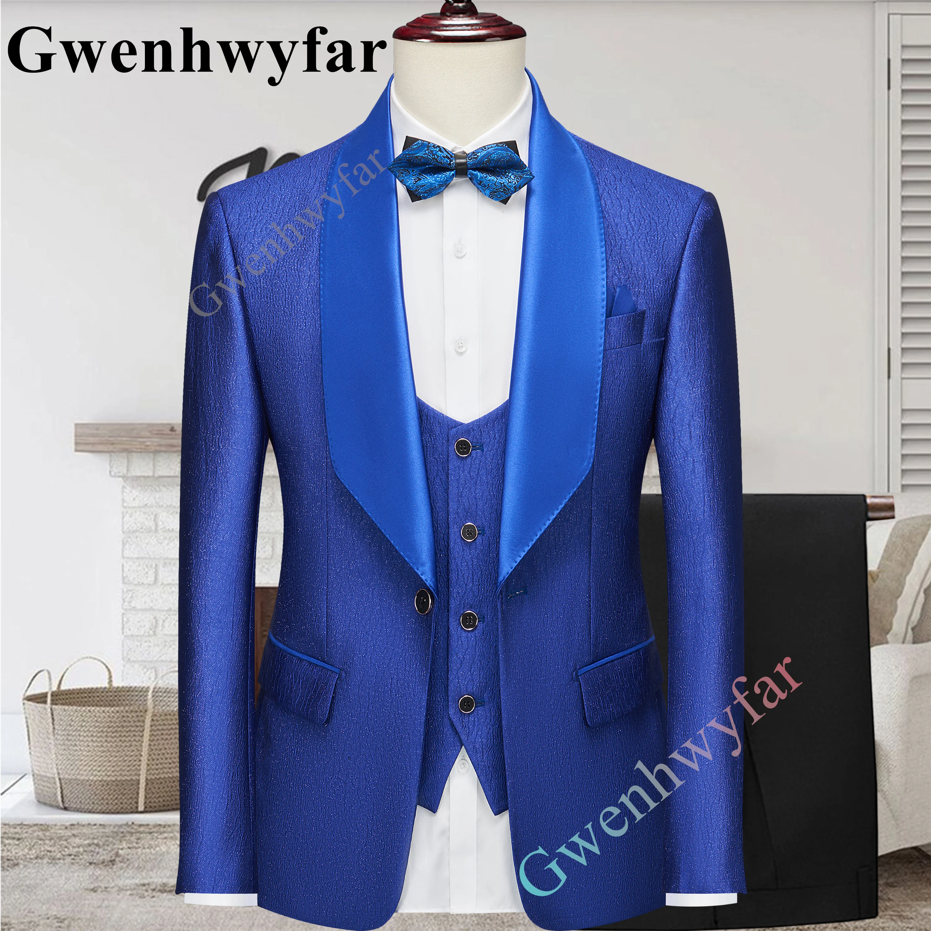 

Gwenhwyfar Royal Blue New Arrival Embossing Groomsmen Shawl Lapel Groom Tuxedos Men Suits Wedding/Prom Best Man Blazer Pant Vest