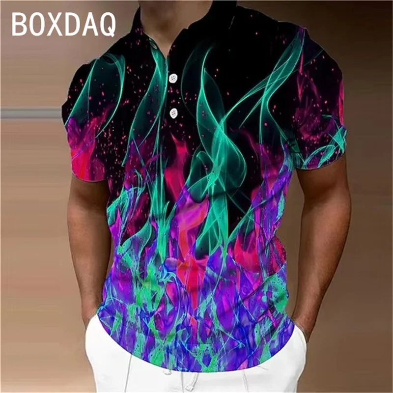 Fashion Men's Polo Shirts 3D Flame Gradient Printed Casual Polo Shirt Casual Short Sleeve Turn-Down Collar Zipper Golf Polo Tops