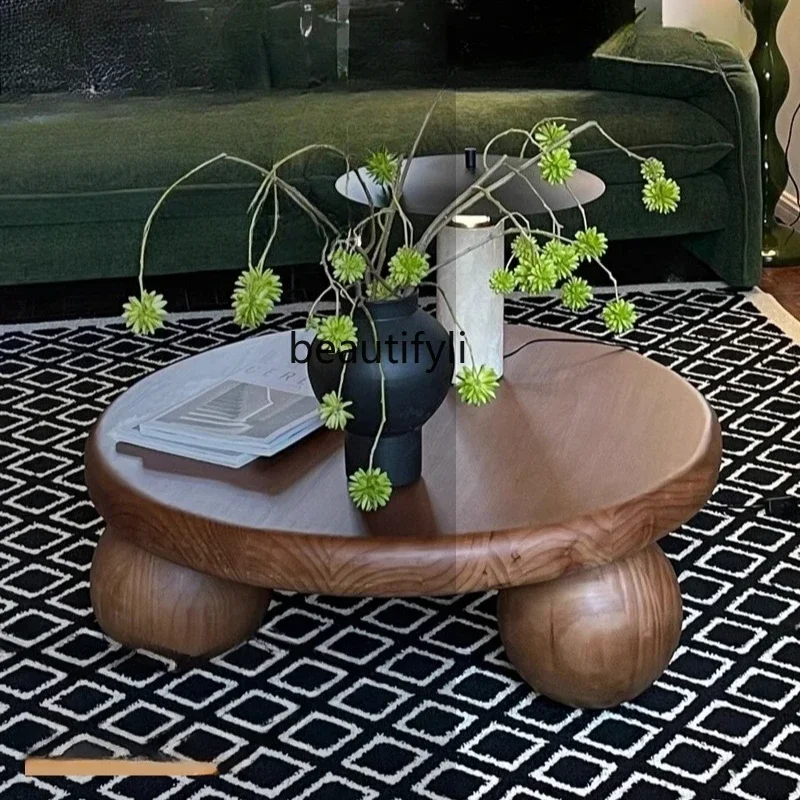 

zxMedieval retro solid wood round coffee table wabi sand wind living room household round, art spherical coffee table