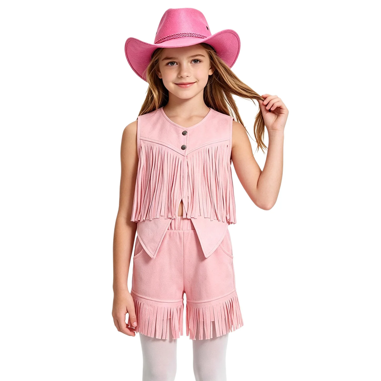 Kids Boys Girls Western Cowgirl Cowboy Cosplay Costume Sleeveless Faux Suede Fringe Vest with Shorts Hat for Halloween Party