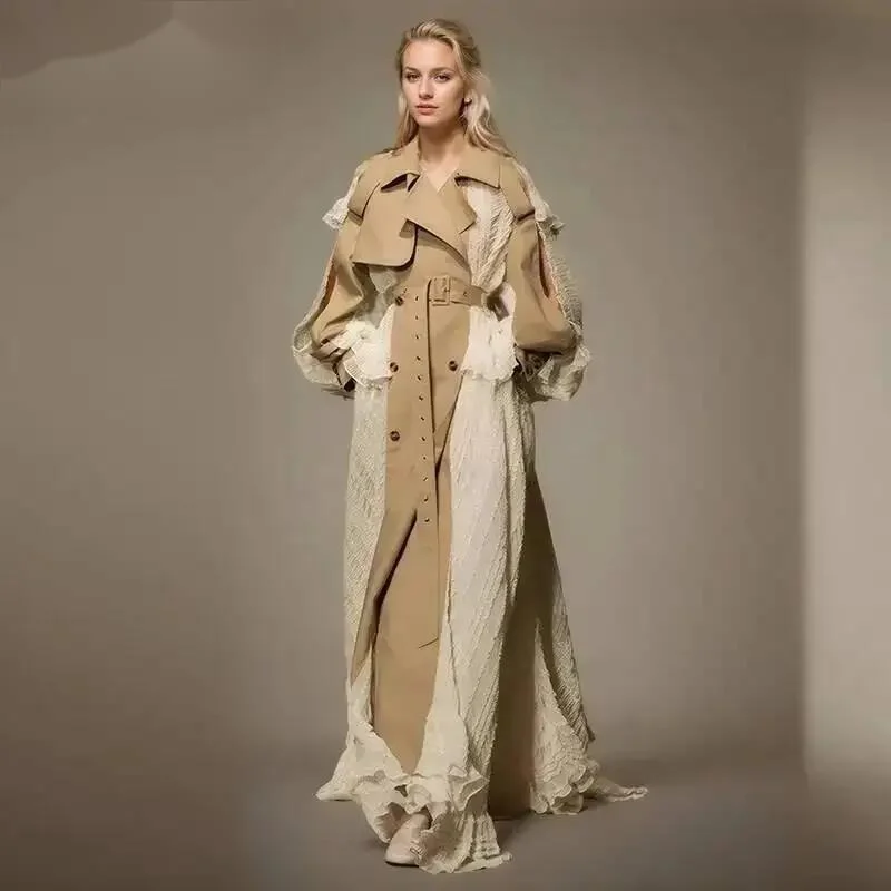 

Fashion Lace Patchwork Trench Coat Women's Lapel Loose Double Breasted Sashes X-long Windbreaker Spring 2026 8L3K