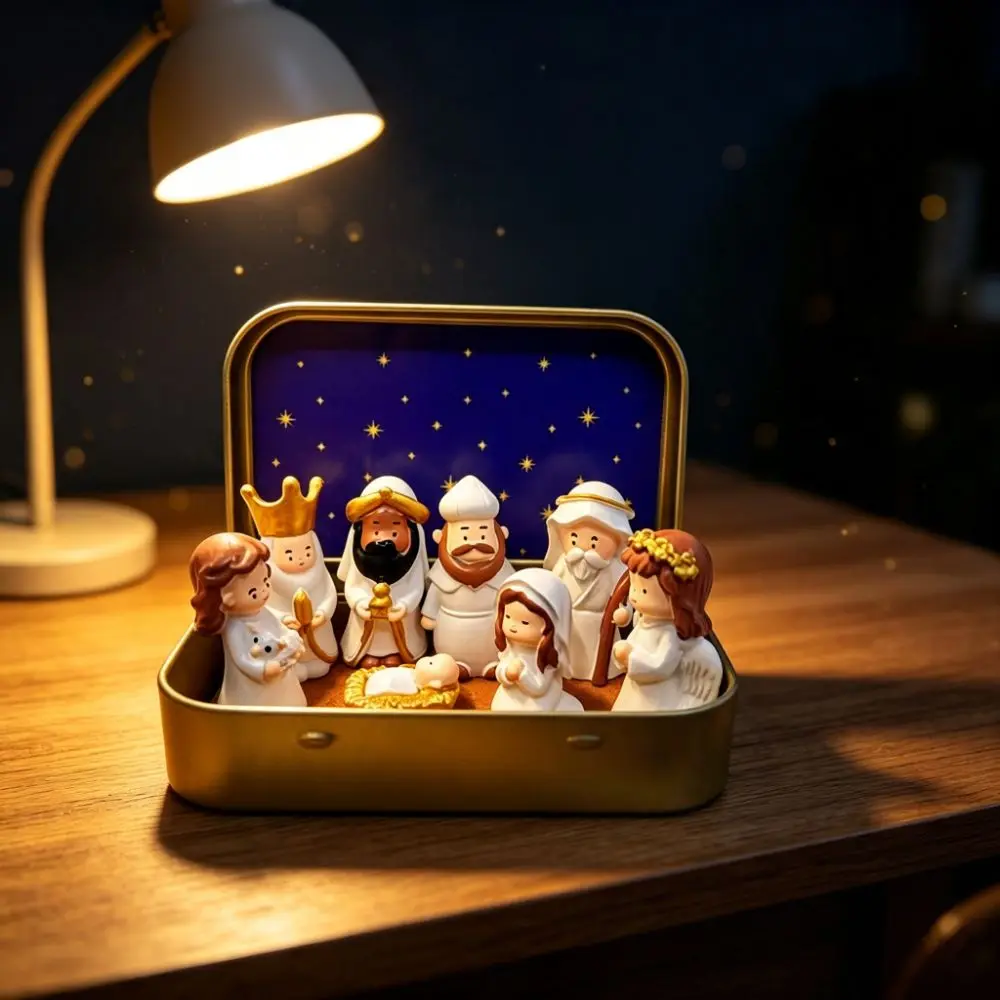 Holy Family Nativity Manger Scene Kit Hand Painted Shepherd Animal Mini Christmas Nativity Set Cartoon Star Liner