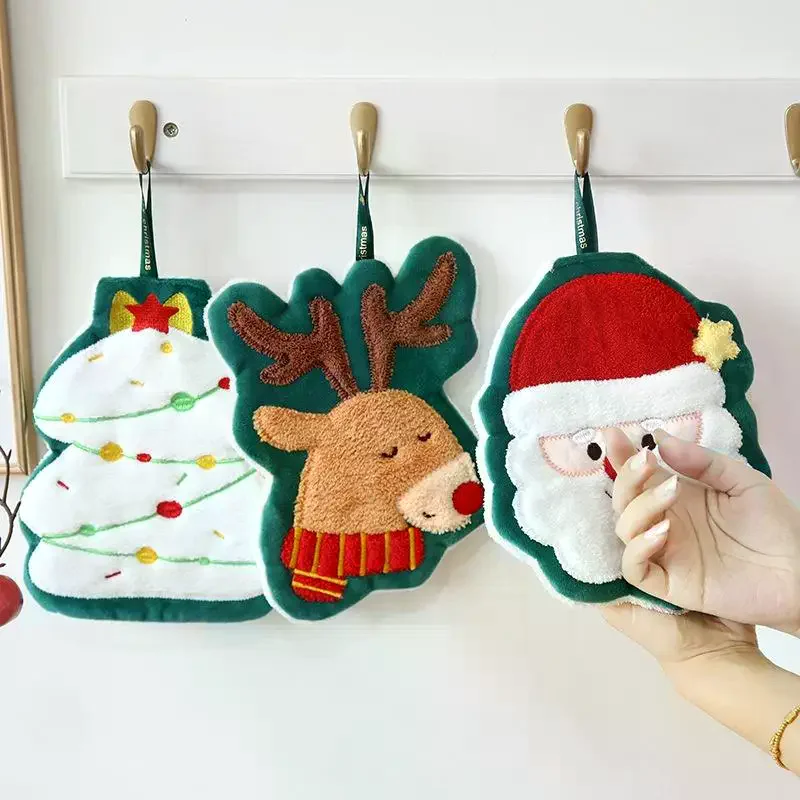 Christmas Hand Towel Thickened Coral Fleece Hanging Type Kitchen Absorbent Quick Drying Rag for Home Decor