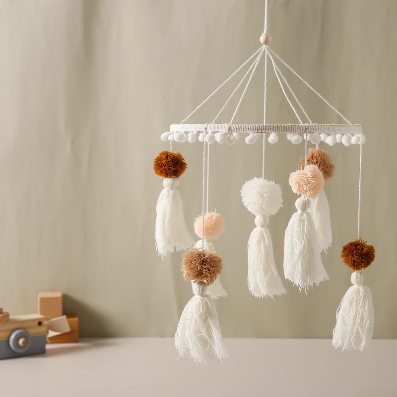 Macrame Rainbow Baby Mobile Boho Bracket Mobile Hanging Rattles Baby Toys Wooden Bed Bell Holder Arm Bracket for Babies Gift