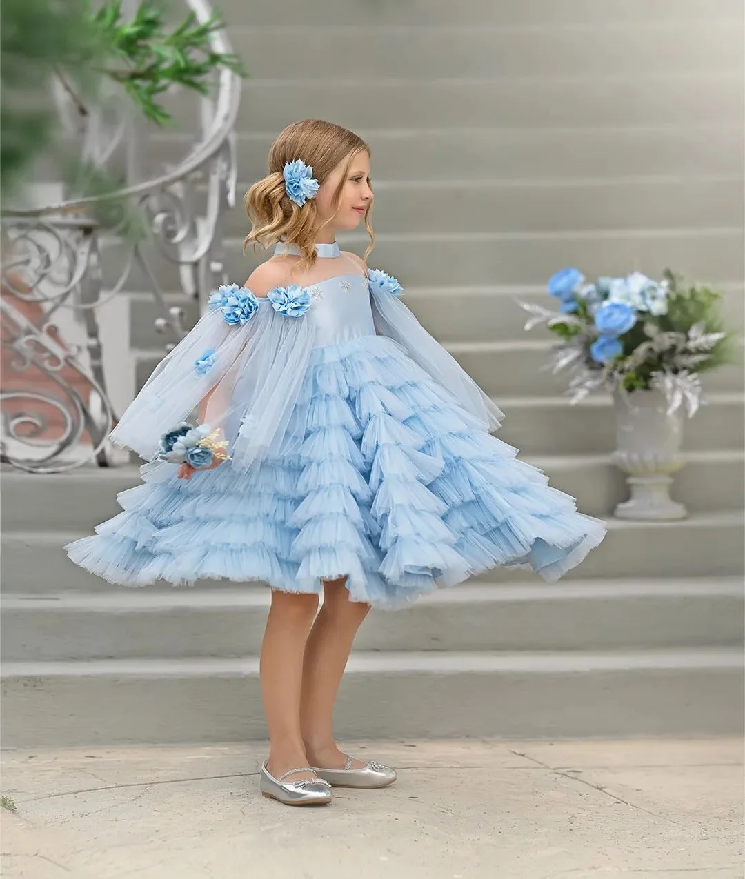 Vestido de niña de flores azul cielo para boda, apliques de tul con cuentas, vestidos de fiesta de cumpleaños eucarísticos de princesa para niños