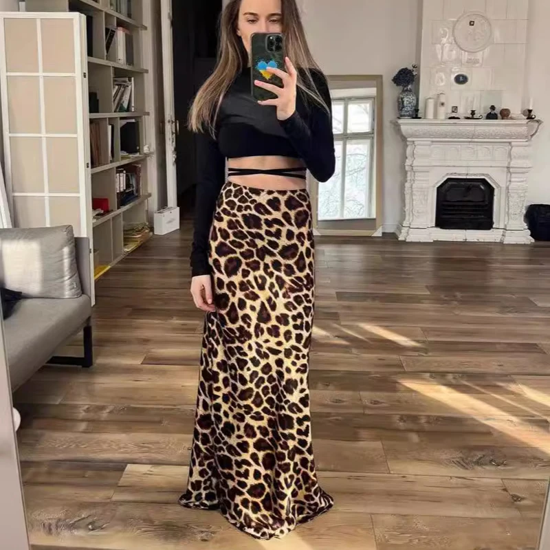 Leopard Druck Langen Rock für Frauen Streetwear Slim Fit Party Satin Maxi Rock Faldas Mujer Dame Chic Mode Hohe Taille Rock