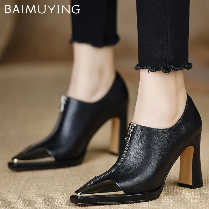 Pointed Toe Women Ankle Boots Leather High Heels Sexy Fad Shoes 2025 Trend Winter New Brand Designer Zipper Pumps Botas De Mujer