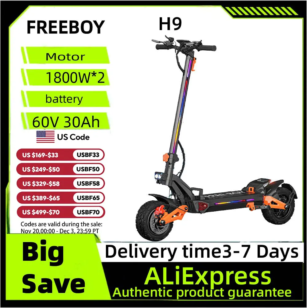 

FREEBOY J30 MAX Adult Electric Scooter 3000W*2 Motor, 60V 38AH Folding E-Scooter 11 Fat Tire E-Mountain Scooter