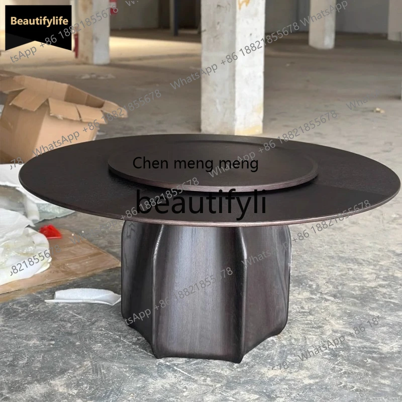 

X GG Vintage Minimalist Round Table with Turntable Solid Wood Dining Table Retro Smoky Color Household Round Table