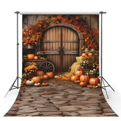 Mehofond Photography Background Autumn Pumpkin Barn Wooden Door Thanksgiving Kids Birthday Portrait Decor Photo Backdrop Studio