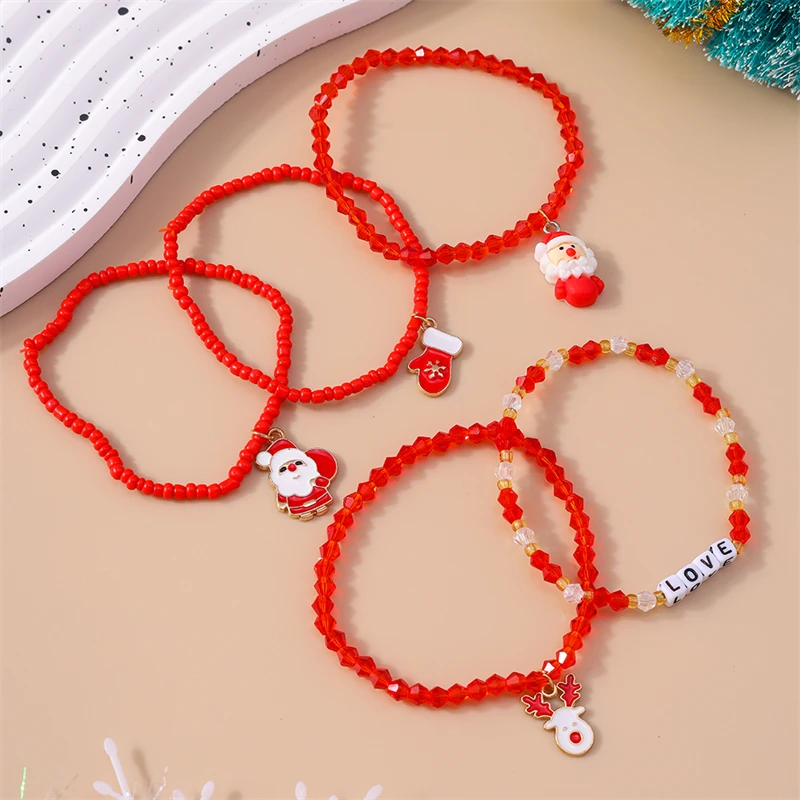 5-teiliges Set Bohemian Handgemachte Perlenarmbänder für Frauen, Weihnachts-Hirsch- und Weihnachtsmann-Anhänger-Armbänder, Festivalschmuckgeschenke für Mädchen – Detail 7