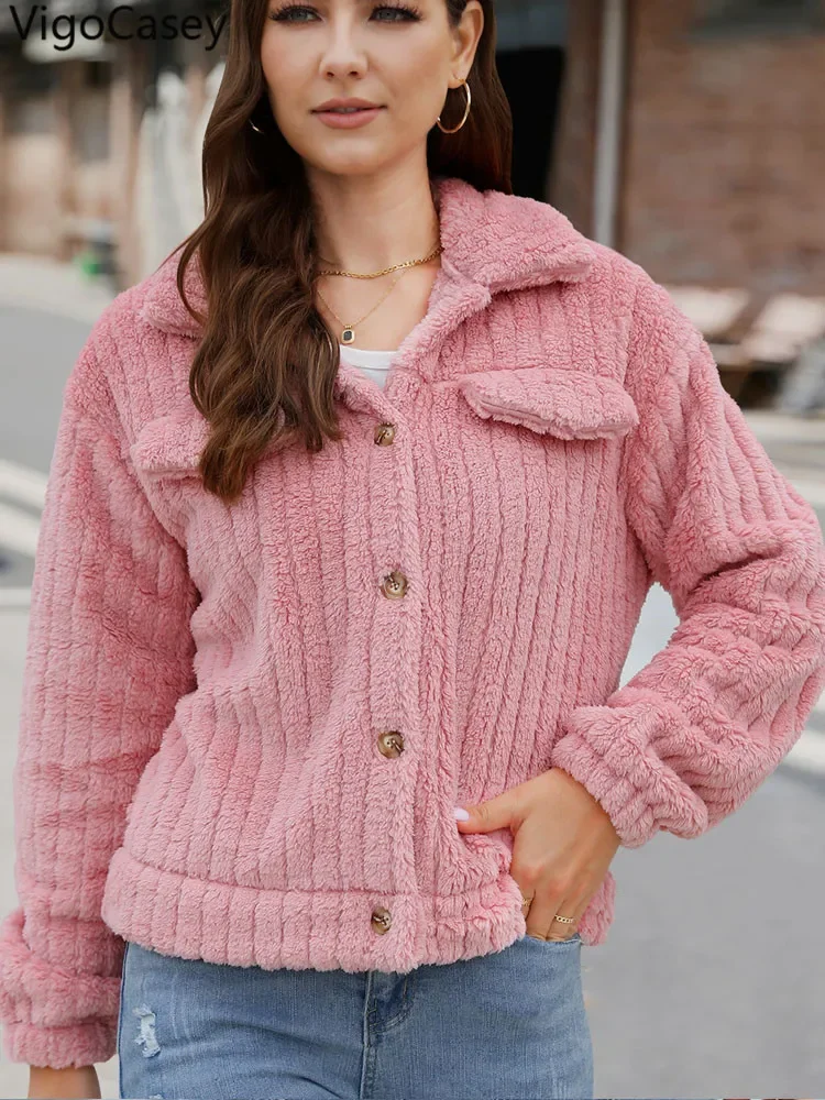 FairyShely 2025 Damska solidna kurtka Gruby pluszowy ciepły jesienno-zimowy płaszcz z długim rękawem Miękki luźny kołnierz turndown Cardigan Lady Coat