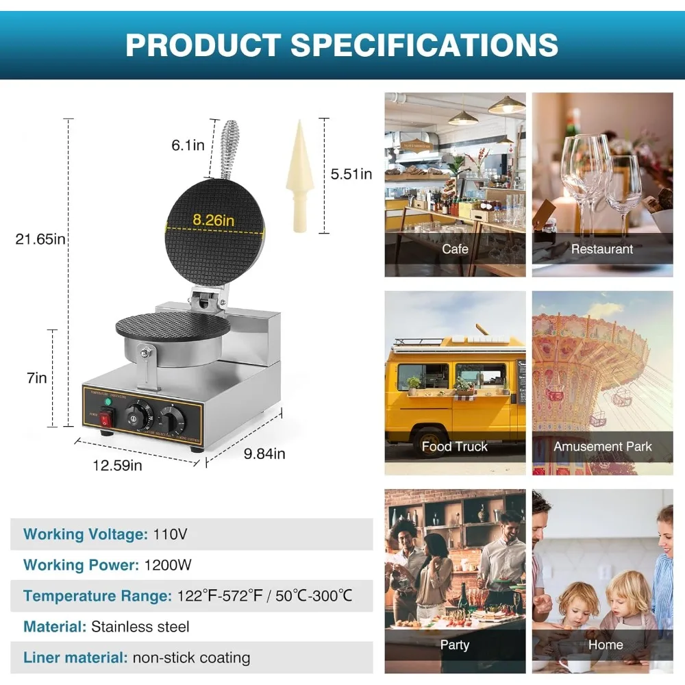 HAOYUNMA Waffle Cone Maker Machine, 110V 1200W Stainless Steel Electric Ice Cream Cone Waffle Maker Machine