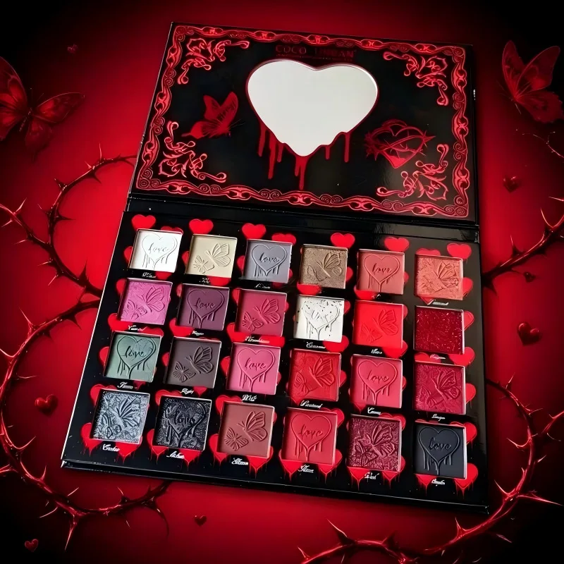 24-Color Red Black Smoky Eyeshadow – Matte Shimmer Metallic, Goth Glam Maximalist Makeup, Smudged Vampire Look, Daily to Party view 5
