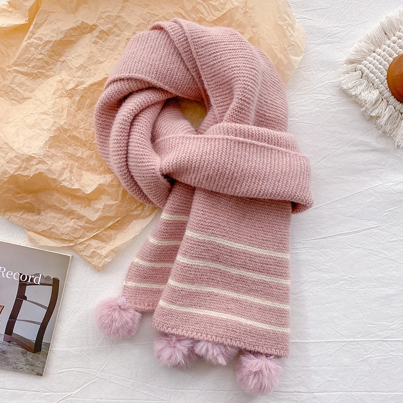 

Womens Striped Knitted Scarf Winter Warm Red Pompom Neck Wrap Cute Gift Japanese Fashion