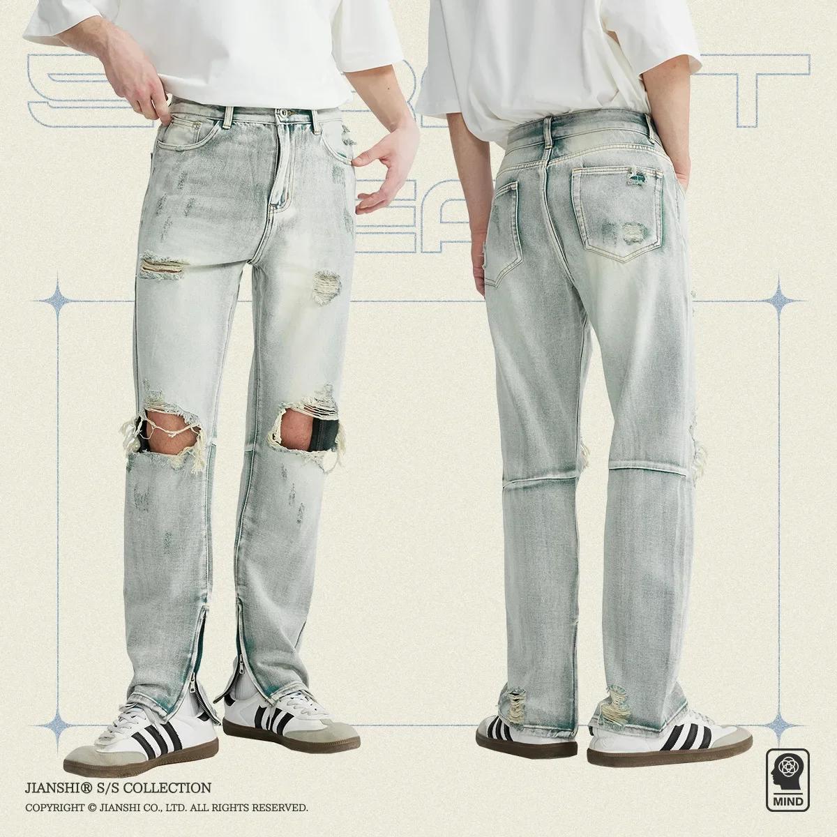 BONXUY Tide brand high street hole skinny jeans men and women hip-hop retro washed zipper scraping beggar casual pants