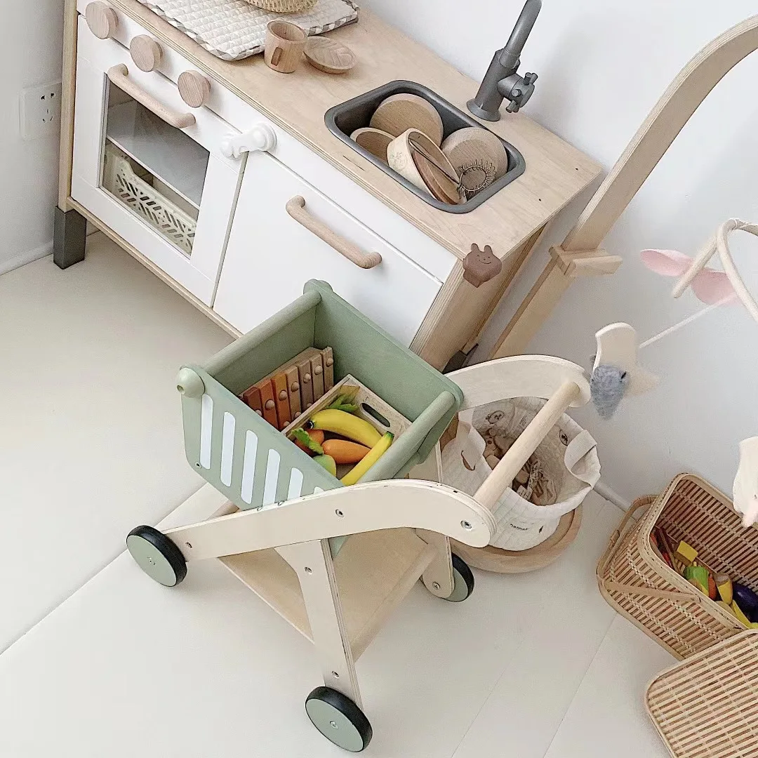 Montessori Kid Shopping Basket Toys Wood Supermarket Trolley Toy Mini Shopping Cart Role Play Pretend Play Toy For Kids Children