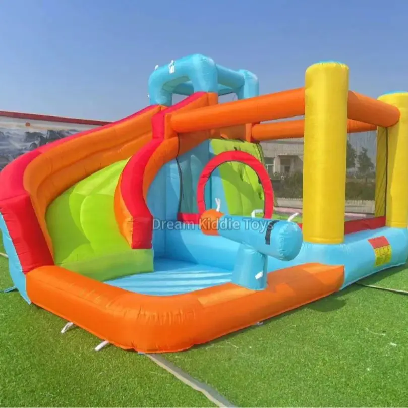 

Commercial rental multicolored inflatable water pool with a slide suitable for both dry and wet use inflatable bounce house