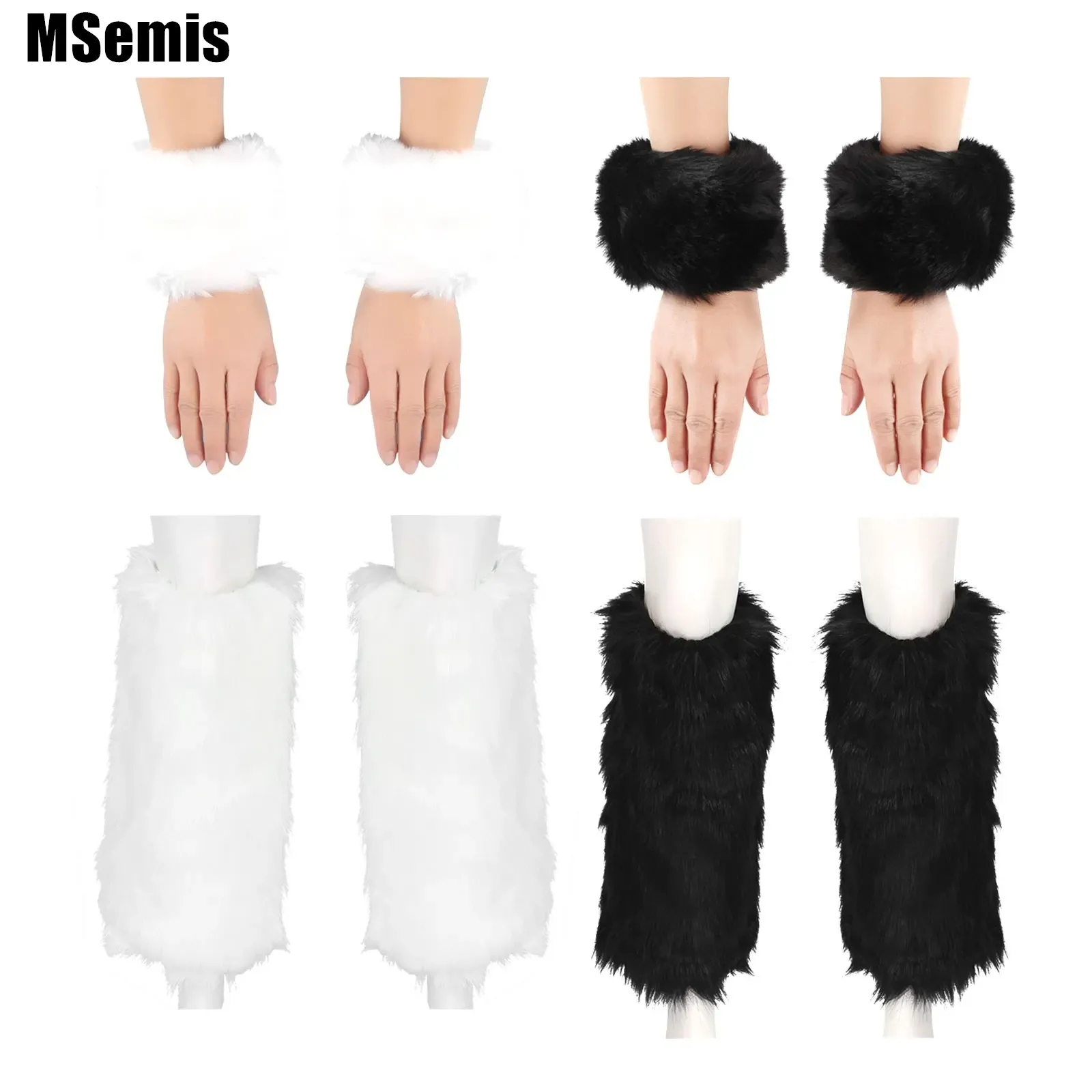 Womens Girls Winter Warm Boot Covers Solid Color Faux Fur Furry Leg Warmers with Cuffs Set Halloween Christmas Cosplay Costume