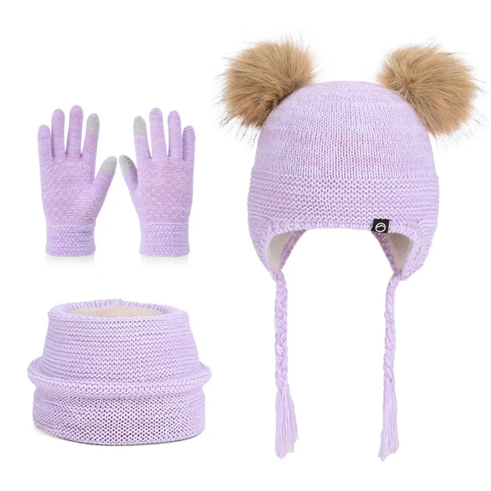 

Fashion Warm Winter Hat Scarf Gloves Set Thicken Pompom Knitted Hats Windproof Soft Scarf Cap Outdoor