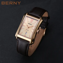 BERNY Watch for Men Rectangle Japan Quartz Wristwatch Waterproof Business Rectangular Dress Male Clock Top Genuine Leather Strap