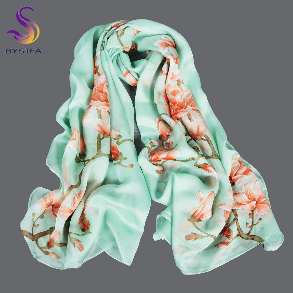 BYSIFA| Light Green Silk Scarf Ladies Spring Fall Winter Floral Large Size Long Scarves Wraps Summer Beach Shawl Cover-ups