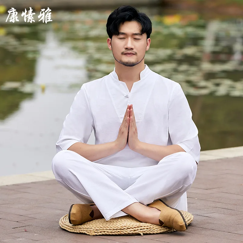 

Men Martial Arts Kungfu Tai Chi Uniforms Cotton Linen Chinese Traditional Loose Sweatshirt+pant Casual Meditation Wushu Set
