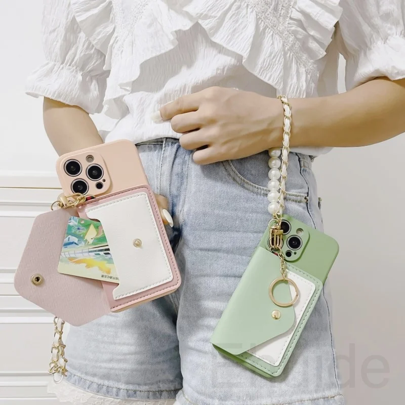 Parel Armband Case voor Samsung Galaxy S25 Ultra S24 FE S23 Plus S25 Rand A36 A16 Lederen Portemonnee Kaart Korte Band siliconen Cover