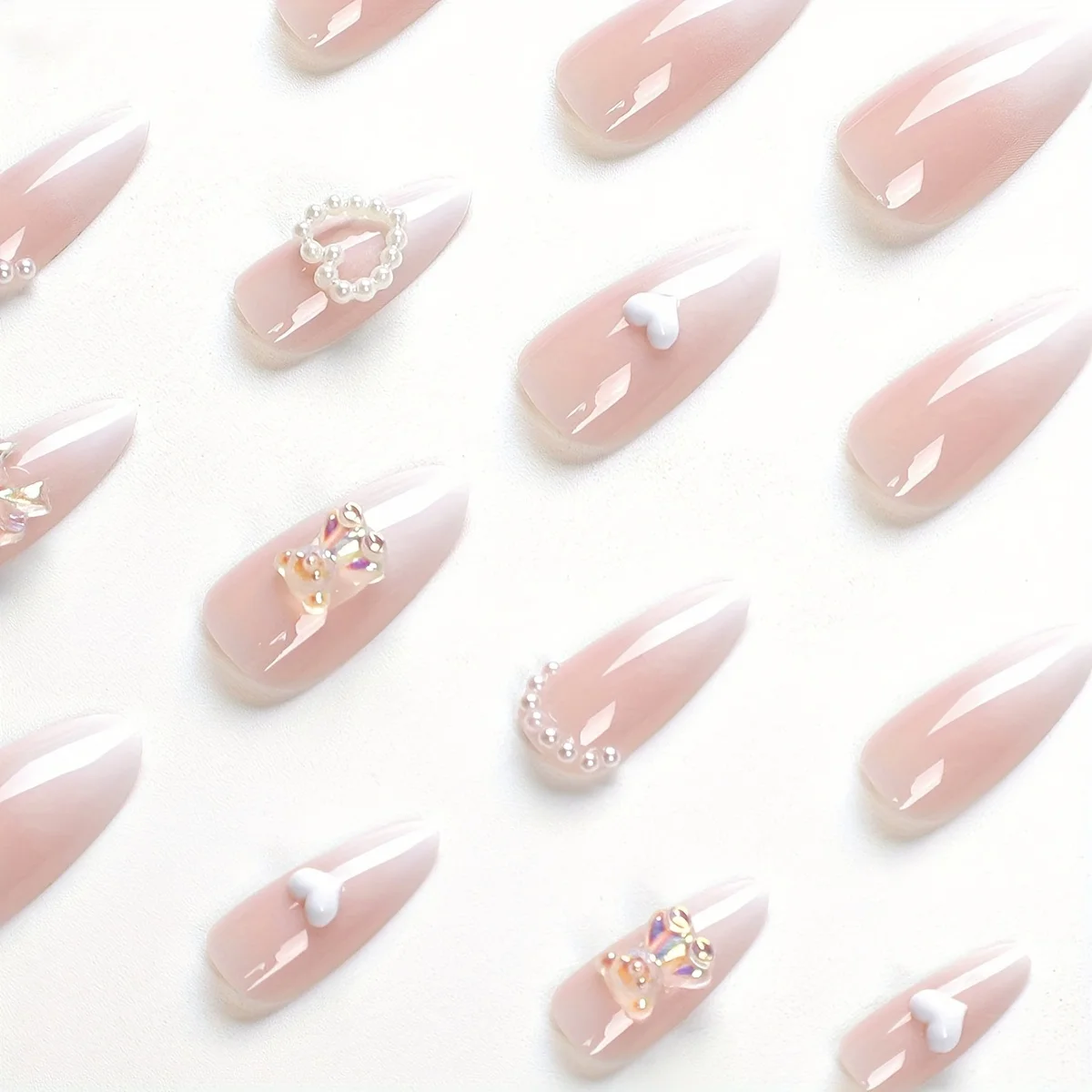 24-Piece Chic Almond-Shaped False Nails  Glossy Finish with  & Pearl Design, Rhinestone Accents -  Included for Elegant, Easy Na