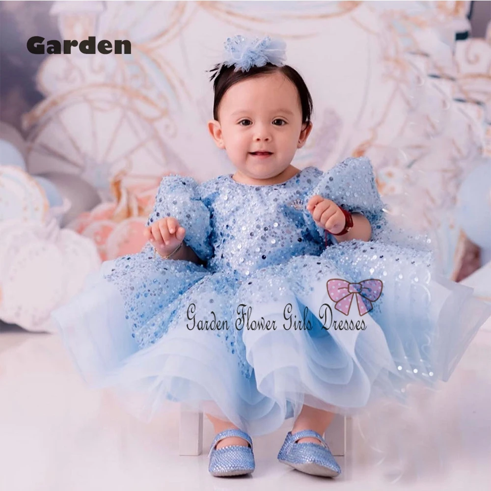 Sky Blue Flower Girls Dresses with Sequined 2025 Summer Full Sleeve Scoop Christmas Dresses for Princess New فستان عيد الميلاد