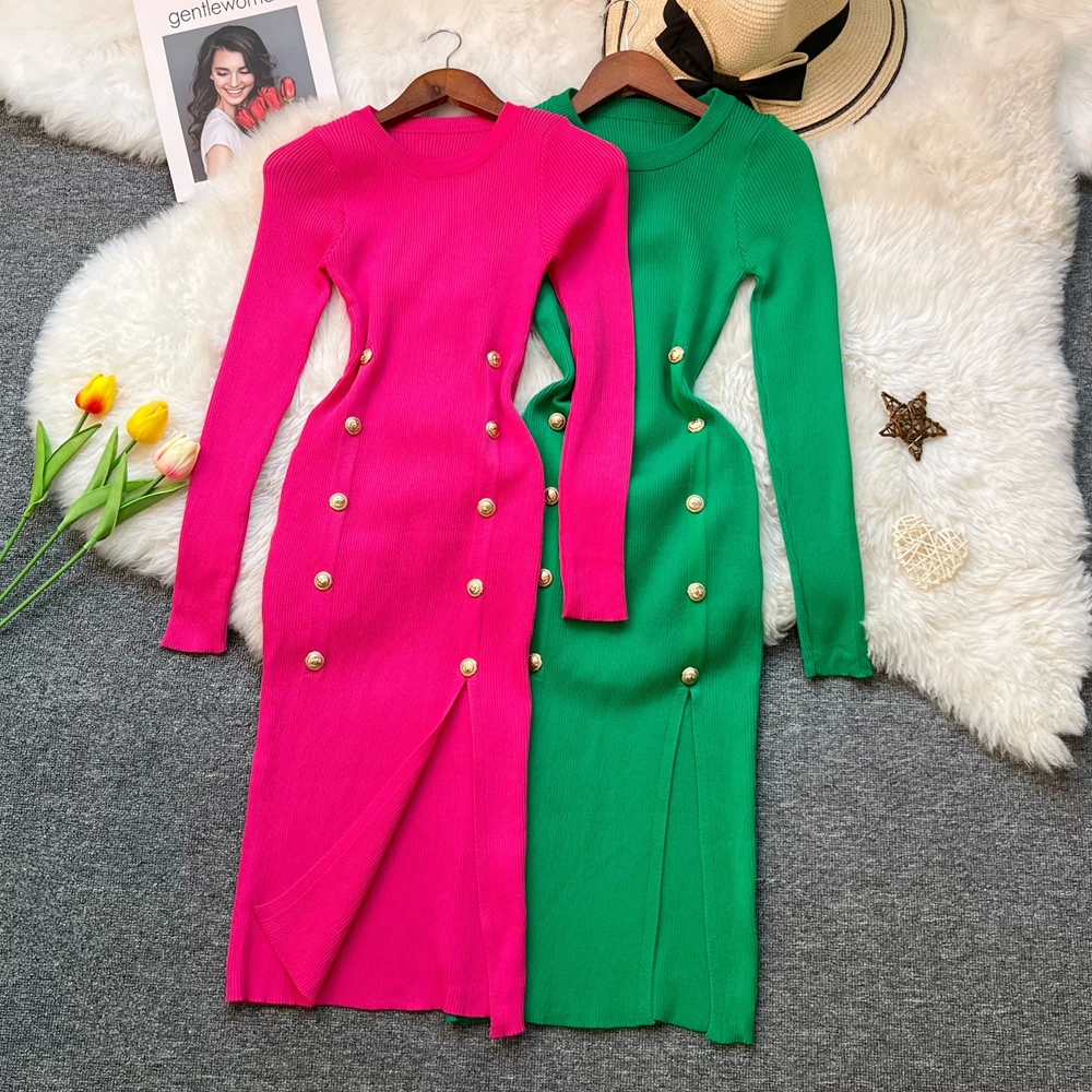 YuooMuoo Frau Kleider 2025, Herbst Mode, Elegante Zweireiher Split, Figurbetontes Kleid Sexy Wrap Hüften Dame Gestrickte Kleid Vestido