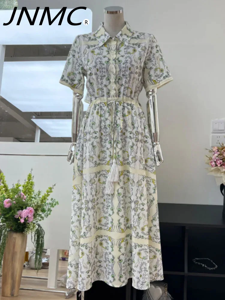 JNMC Casual Simple Single Breasted Printed Drawstring Strap Waist Shirt Collar Dress 2024 Spring And Summer New For Women