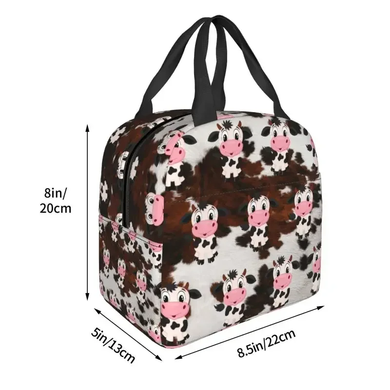 Bolsas de almuerzo con aislamiento de vaca lechera de dibujos animados para acampar, viajar, refrigerador impermeable, caja térmica Bento para mujeres y niños