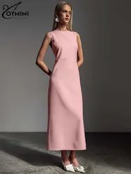 Oymimi Elegant Pink O-Neck Women's Dress Fashion Sleeveless High Waist Dresses Autumn High Waist Mid-Calf Dresses Streetwear