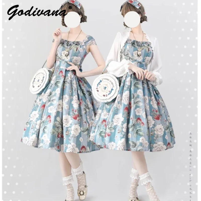 

New Fashion Printed CLA Summer Elegant JSK Lolita Dress Women's Short Sleeved Slim Holiday Floral Long Dress with Cardigan