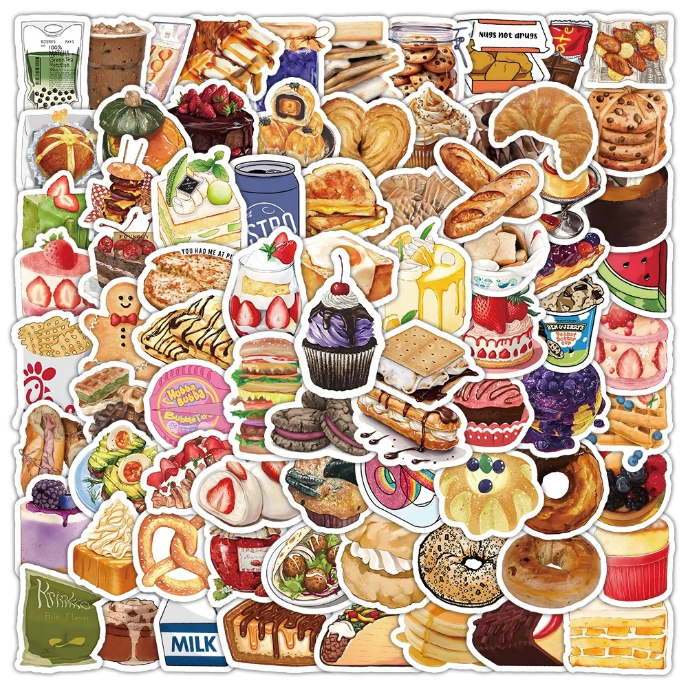 100PCS Realistic Candy Drinks Desserts Bread Snack Packs Graffiti Stickers for Helmet Bicycle Hand Account Pencil Case Decals
