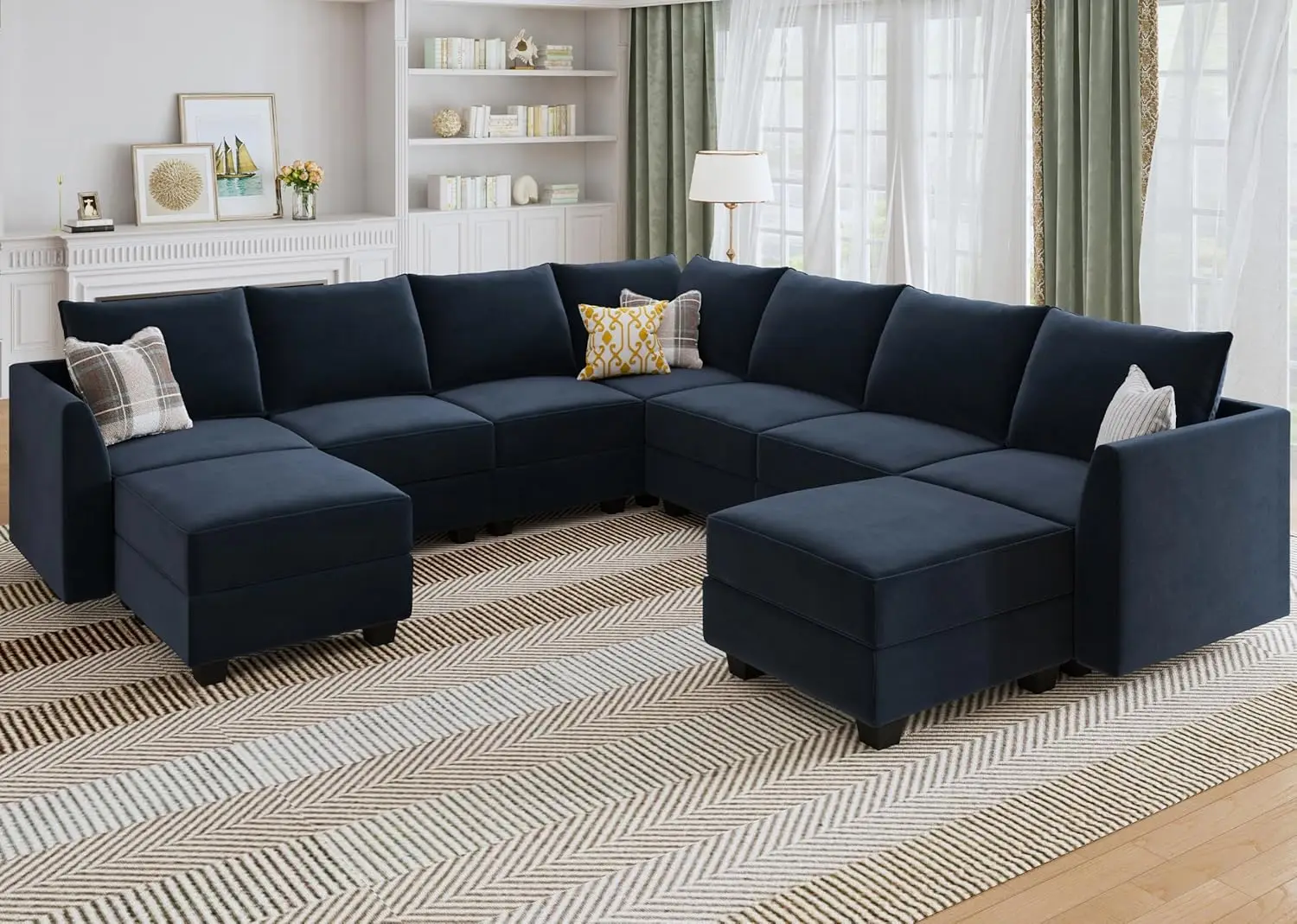 Modular Sectional Sofa Velvet U Shaped Couch with Storage Oversized Sectional Sofa Couch for Living Room Dark Blue