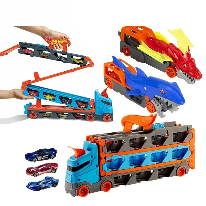 Original Hot Wheels Car Speedway Hauler Storage Carrier Drag Race Track Kids Boys Shark Chomp Transporter Toys for Children Gift