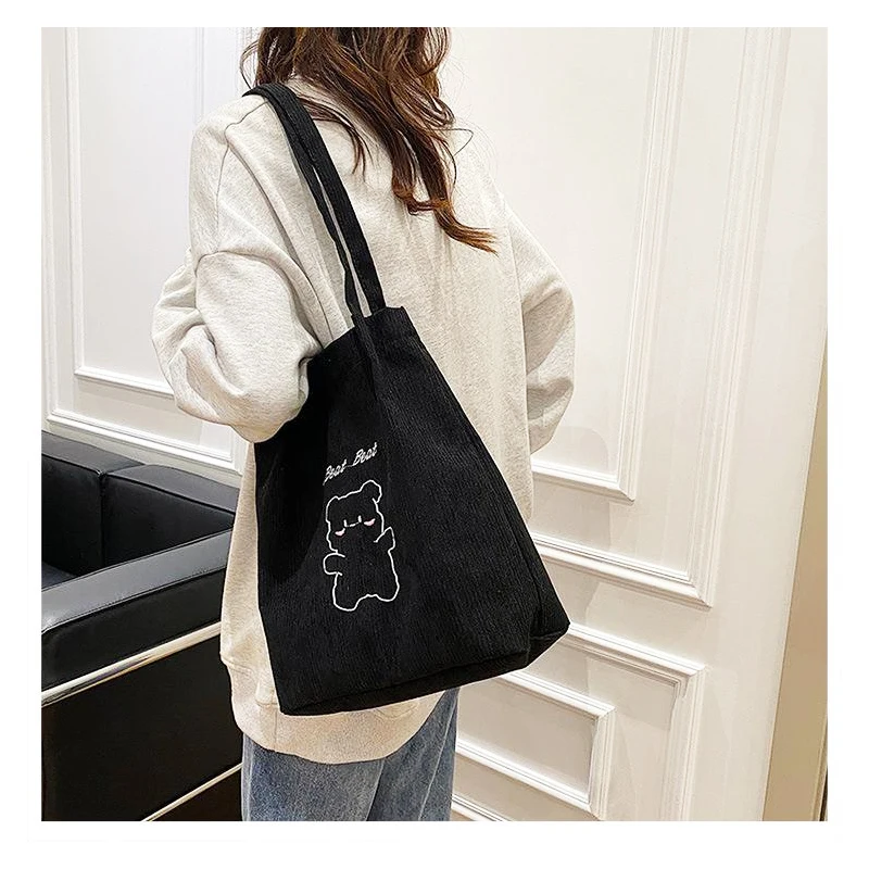 Cartoon Embroidered Shoulder Bag Corduroy Women Handbag Student School Purse Shoulder Bags