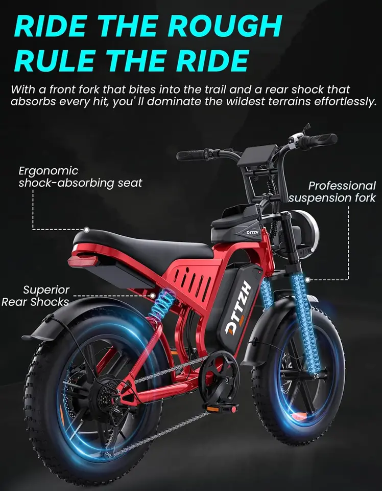 DTTZH F6S Electric Bike for Adults, 2000W Peak 40MPH 48V 25Ah Removable Battery, 20"x4.0" Fat Tire Full Suspension 7-Speed E-Bike, NFC Unlock, UL 2849 Certified, 1 Year Warranty image 6
